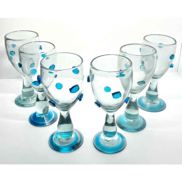 Mexican Mexican Aqua Blue Confetti Raised Pebble Mexican Blown Wine or Water Glasses - 6 pcs For Sale - Image 3 of 8