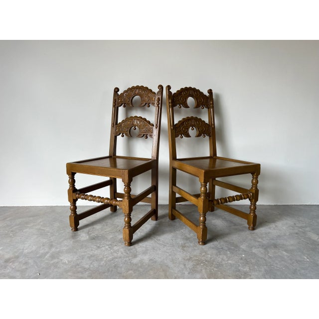 Charles II Style English Carved Oak Wood "Backstool" Accent Chairs - a Pair For Sale - Image 12 of 12