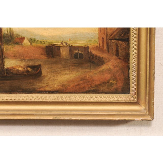 19th Century European Riverside Village Painting, 19th C For Sale - Image 5 of 13