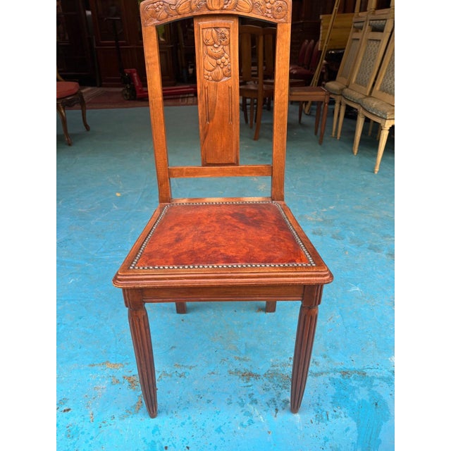 Art Deco Chairs in Carved Walnut with Studded Leather Seats, 1920s, Set of 5 For Sale - Image 10 of 11