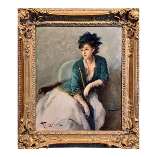 Fernand Toussaint -Elegant Belle Epoque Woman W/Parasol- Oil Painting For Sale