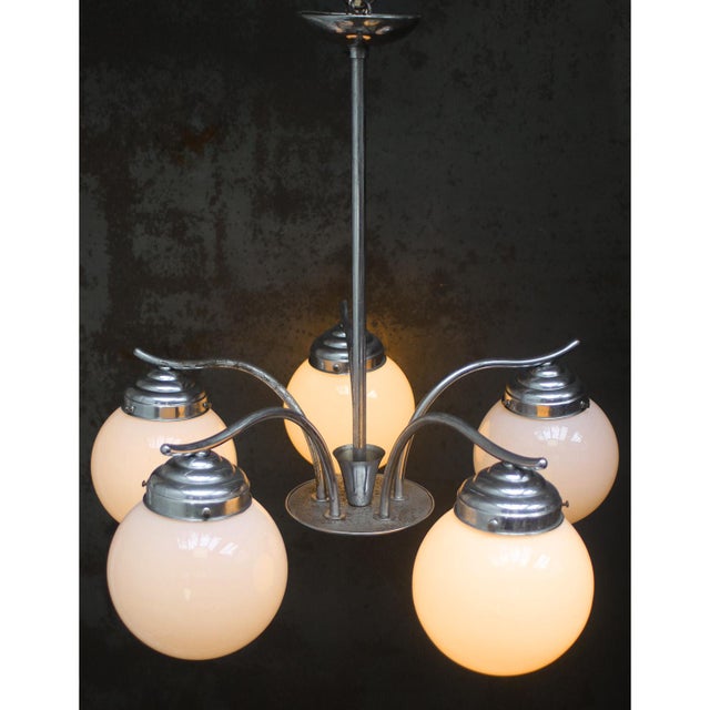 Silver French Art Deco Nickel-Plated 5-Arm Chandelier with White Opaline Glass Globes For Sale - Image 8 of 11