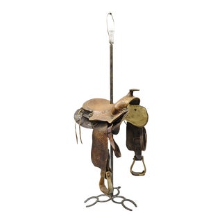 Vintage Custom Leather Horse Saddle Floor Lamp With Horseshoe Base For Sale