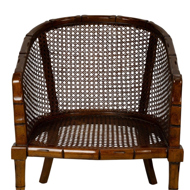 1970s Pair Vintage Faux Bamboo Cane Barrel Chairs Hollywood Regency For Sale - Image 5 of 18