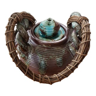 1970's Japanese Shigraki Large Clay Teapot With Wicker Handle For Sale