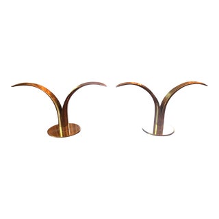 Pair Antique Sweden Brass Leaf Candle Holders For Sale