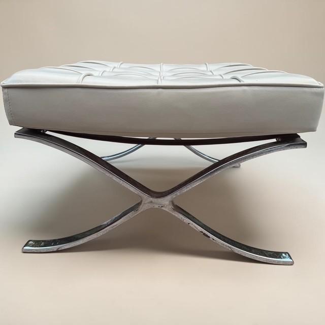 Vintage Barcelona Style Leather Ottomans Pair Chrome X-Frame Bauhaus For Sale - Image 4 of 16