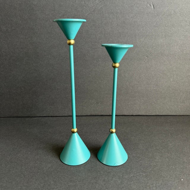 Late 20th Century Vintage Post Modern Candle Stick Holders 80s 90s Turquoise Memphis Style a Pair For Sale - Image 5 of 6