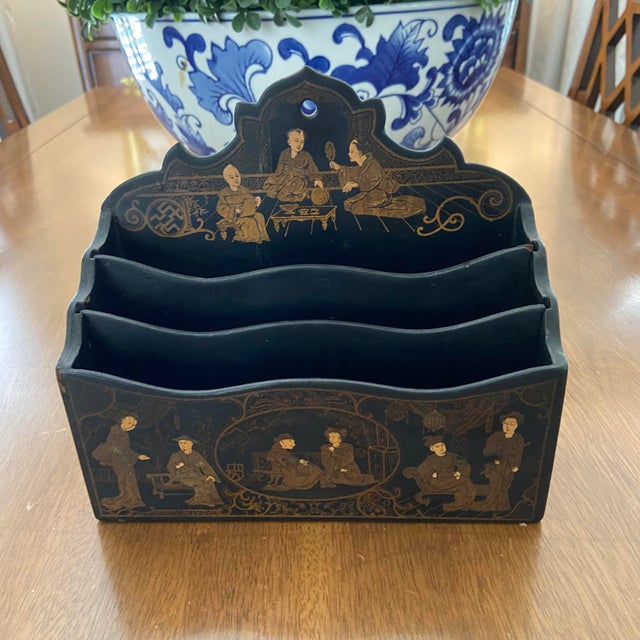 Wood Late 20th Century Black Lacquered Chinoiserie Letter Caddy / Holder With Asian Scenic Life For Sale - Image 7 of 7