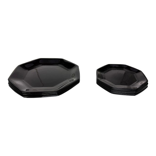 Vintage Arcoroc French Octagon Shaped Black Mod Serving Set - 10 Pieces For Sale