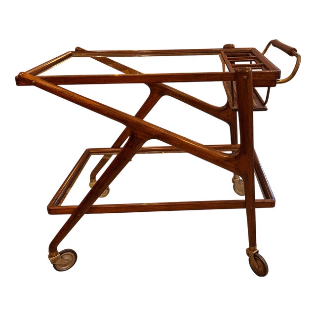 Vintage Walnut and Brass Bar Cart by Cesare Lacca, 1950s For Sale