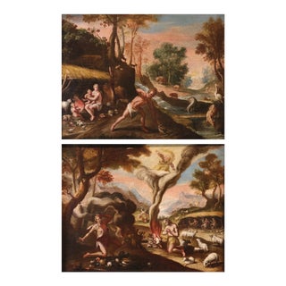 Maarten De Vos, Adam and Eve after the Fall / The Sacrifices of Cain and Abel, 17th Century, Oil Painting on Canvas, Framed, Set of 2 For Sale