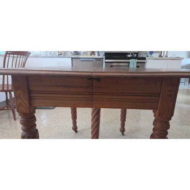Wood 19th Century 5-Legged Antique Oak Dining Table - Drop Leaf With 3 Additional Leaves For Sale - Image 7 of 10