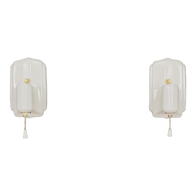 Mid 20th Century Restored Art Deco White Porcelain Wall Sconces - a Pair For Sale
