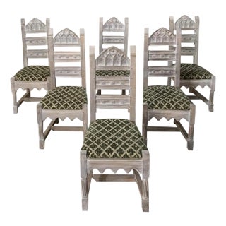 Set of 6 Antique Rustic French Gothic Whitewashed Dining Chairs For Sale