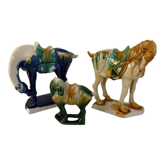 Vintage Tang-Design Chinese Majolica Stallion Figurines, S/3 For Sale