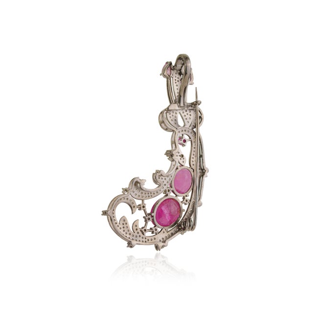 Metal Vintage Inspired 9 Ct Ruby & Diamond Scrollwork Statement Brooch Pendant For Sale - Image 7 of 15