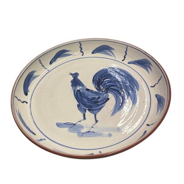 Italian Hand-Painted Blue Rooster Ceramic Serving Bowl For Sale - Image 4 of 12