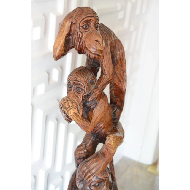 Wood Carved Monkey See No Evil Statue For Sale - Image 4 of 11