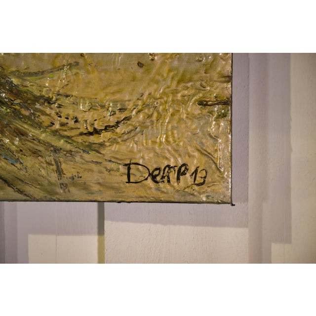 A contemporary painting on enameled canvas depicting a circle of stylized roosters, signed DEFFP 13. The silhouettes are...