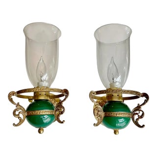 Pair Italian Green & Brass Faux Oil Lamp Wall Sconces For Sale