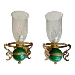 Pair Italian Green & Brass Faux Oil Lamp Wall Sconces