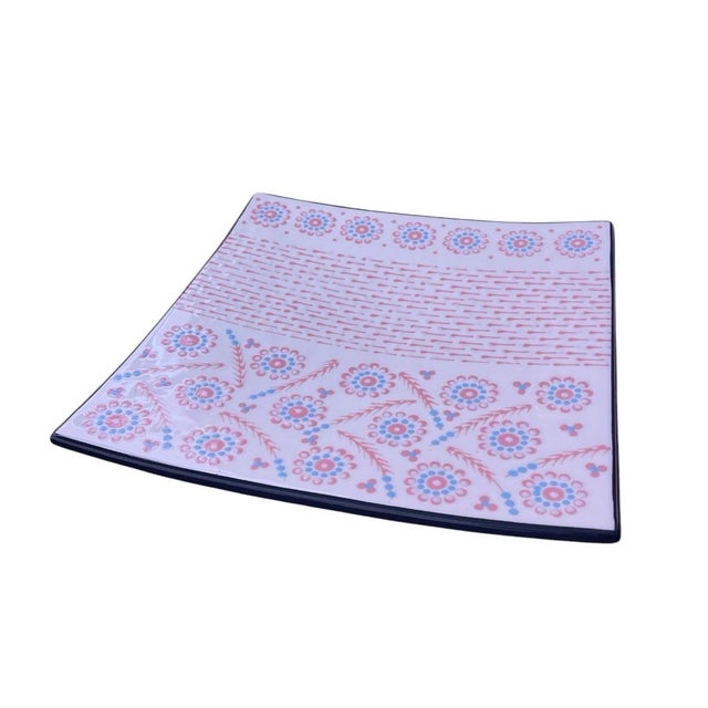 Vintage South African Square Ceramic Serving Platter – Pink & Light Blue Bohemian Dotted Floral Design For Sale - Image 4 of 12