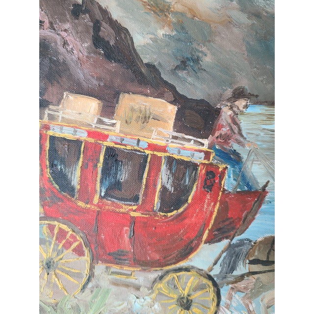Vintage 1960s Americana Folk Art Oil Painting Wild West Stagecoach & Horses For Sale - Image 4 of 16