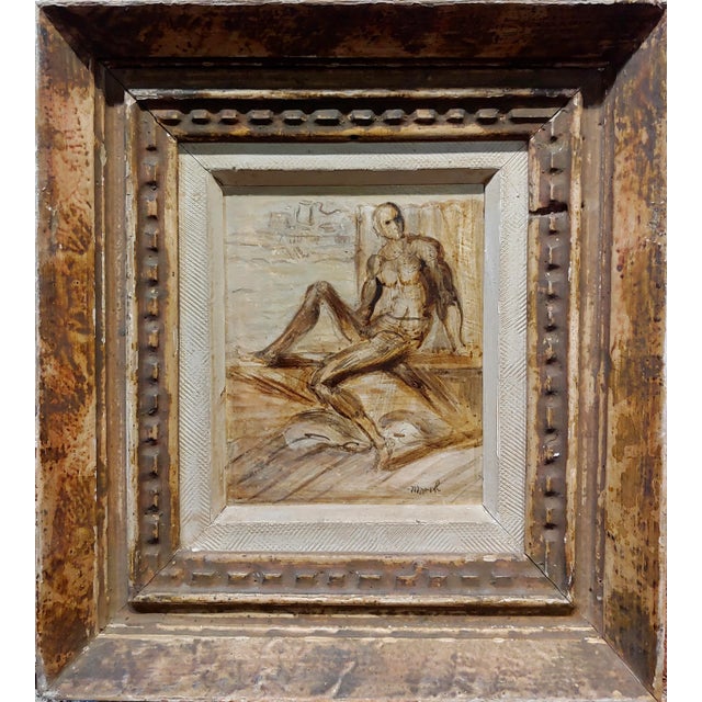 Reginald Marsh -Nude Male -Oil painting Expressionist - Tempera on panel -Signed - circa 1930s frame size 8 x 9" panel...