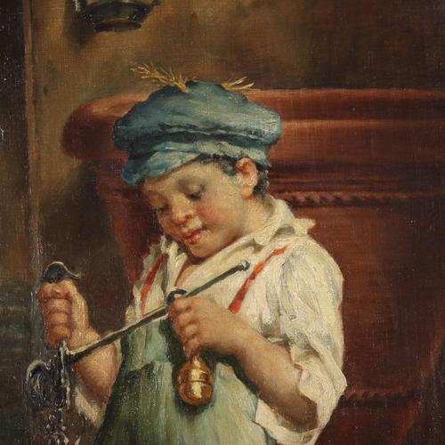Attributed to Adolfo Dumini, Farmer Smoking Pipe, Oil on Canvas, Framed For Sale - Image 5 of 12