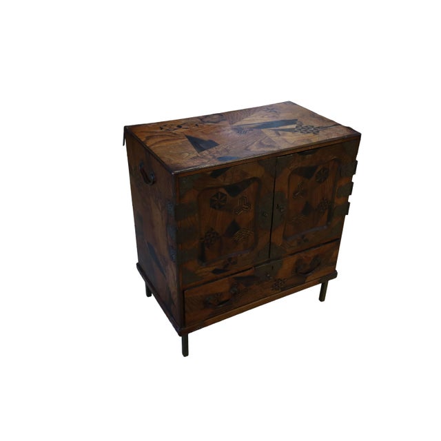 Wonderful Raised Japanese Cabinet Crafted With Geometrically Intricate Inlayed Wood and Hand Wrought Hardware For Sale - Image 10 of 12