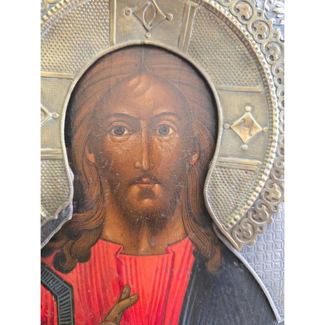 Metal Russian Icon of Christ Pantocrator, 1880, Painting on Panel For Sale - Image 7 of 14