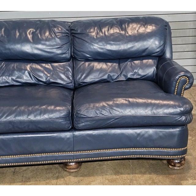Animal Skin Hancock & Moore Blue Leather Sofa Nailhead Trim Three Cushions Outstanding For Sale - Image 7 of 13