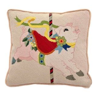 Vintage Pink Pig Carousel Figure Needlepoint Pillow For Sale