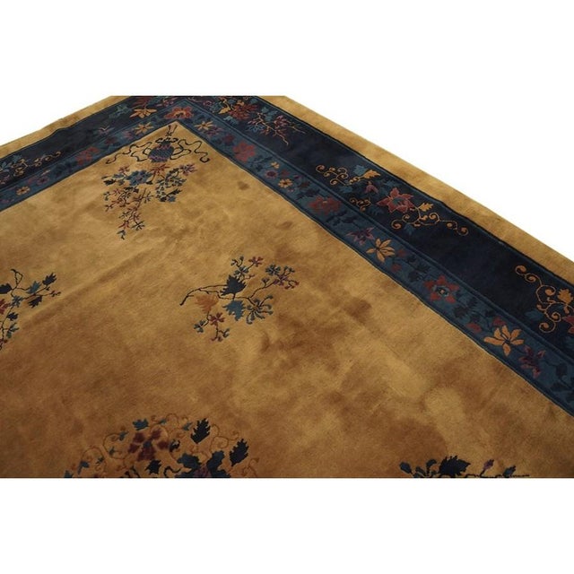 Art Deco 1920s Camel Floral Modern Antique Chinese Art Deco Knotted Wool Rug 9' X 11'8" For Sale - Image 3 of 9