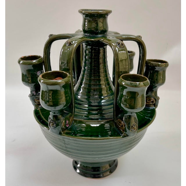 Green Large Vintage Boho Chic Moroccan Tamegroute Terra Cotta Pottery Candelabra Candle Holder For Sale - Image 8 of 12