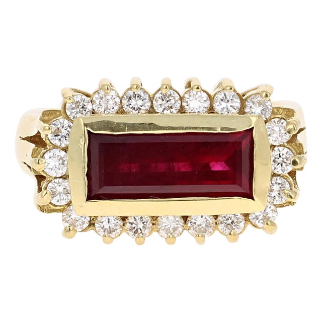 Art Deco Inspired 2.56ct Baguette Ruby Diamond Ring in 18k Gold, Size 7.25 For Sale