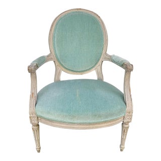 A French Country Classic | Louis XVI Fauteuil in Soft Celadon Velvet For Sale