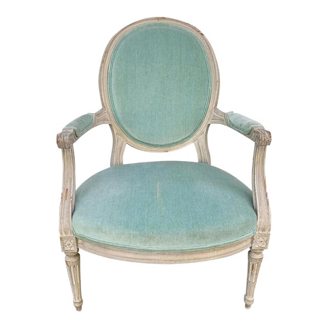 A French Country Classic | Louis XVI Fauteuil in Soft Celadon Velvet For Sale