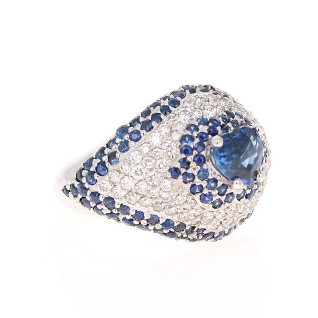 Roshe Jewels, Sapphire Ring with Diamond 18K White Gold Cocktail Ring, 4.17 Cts. This beautiful blue sapphire ring has a...