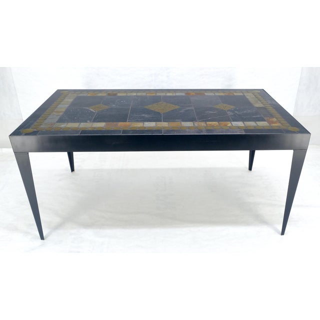 Metal Late 20th Century Rectangle Steel Angle Frame Art Tile Top Dining Table MINT For Sale - Image 7 of 14