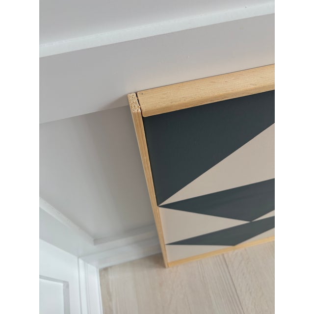 Beautiful hard edge abstract geometric painting rendered in gray and taupe acrylics. Comprised of three canvases that have...