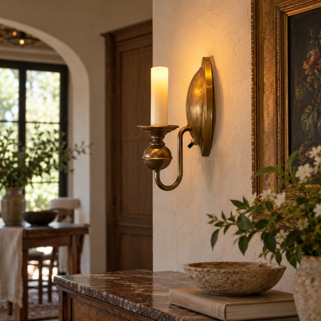 This vintage brass sconce has a warm, aged character that reflects the charm of traditional lighting from another era. Its...