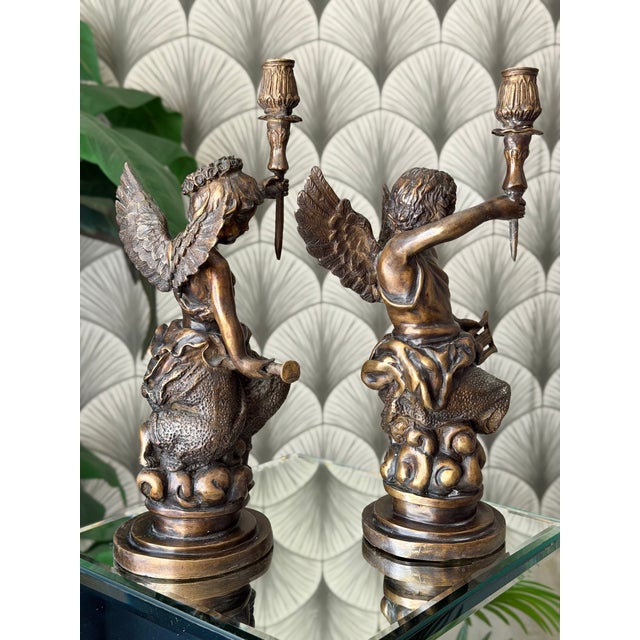 Antique Art Nouveau Brass Bronze Cherub Cupid Angel Candlestick Holder Sculptures - A Pair For Sale - Image 12 of 18
