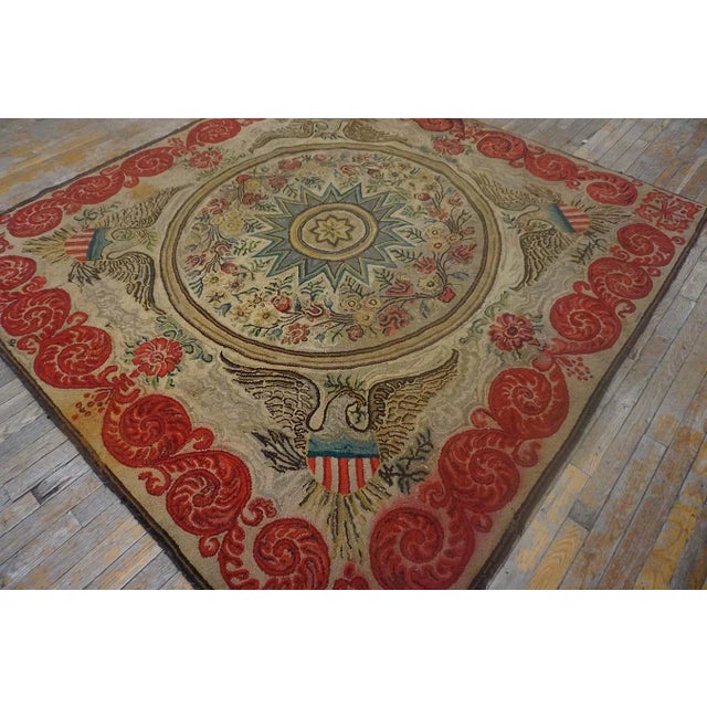 Figurative Magistral Tan Beige Color With Floral and Geometric Design Antique American Hooked Rug For Sale - Image 3 of 15