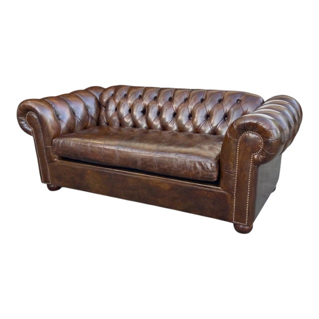 Vintage Chesterfield Leather Sofa With Tufted Back and Rolled Arms – Warm Brown Patina For Sale - Image 4 of 15