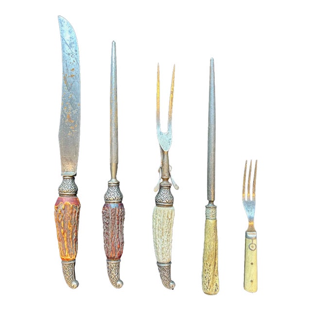 Late 19th Century, Set of 5 Antique Stag Handle/Bone Cutlery, With Sterling Silver Details For Sale