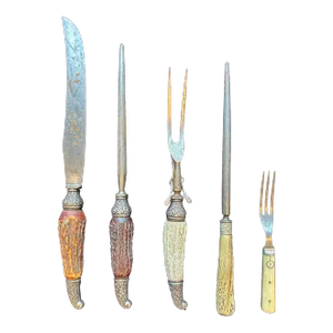Late 19th Century, Set of 5 Antique Stag Handle/Bone Cutlery, With Sterling Silver Details