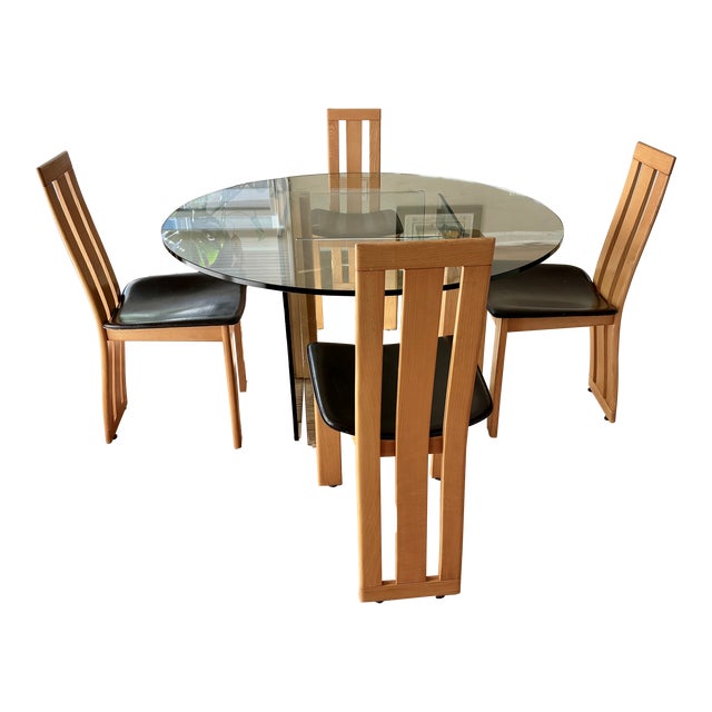 1980s Vintage Italian Glass Table With 4 Beech and Brown Leather Chairs For Sale