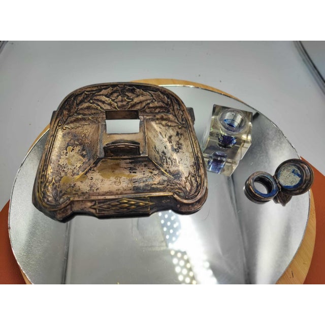 Art Nouveau Brass Silver-Plated Inkwell Set, Set of 3 For Sale - Image 5 of 8